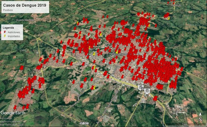 Cedida/VEM - Pontos vermelhos são casos confirmados de dengue na cidade